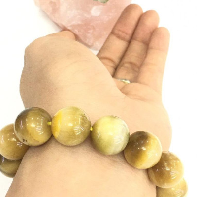 Vòng tay đá mắt hổ vàng tươi VIP 12ly - nam - Hợp mệnh: Kim, Thổ, Hỏa (tặng kèm vòng gỗ cánh ván, dây xâu))