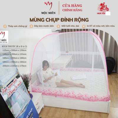 Màn Chụp , Mùng Chụp Cao Cấp Mộc Miên Đỉnh Rộng - Kích Thước 1,4mx2m Trắng Viền Hồng ( Hà Nội )