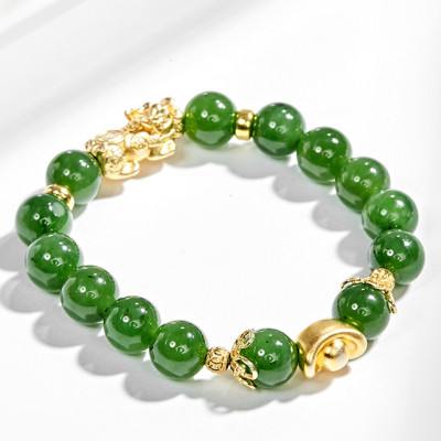 Vòng tay ngọc bích phối tỳ hưu bạc mạ vàng 24k (10mm) Ngọc Quý Gemstones