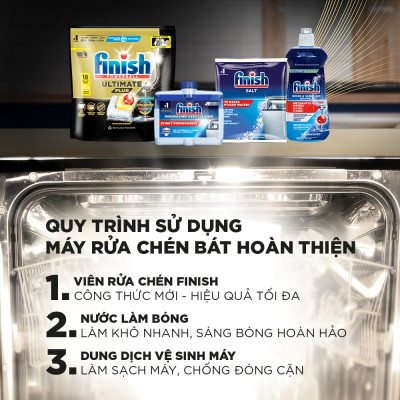 Combo 3 Viên rửa chén Finish Ultimate 18 viên + Nước làm bóng 500ml + Muối rửa chén 2kg