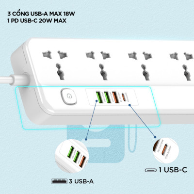 [ Chính Chính Hãng ] Ổ điện đa năng Energizer 5AC kèm 3USB-A và 1USB-C sạc nhanh PD 20W 38W, tải 2500W - BH 12 tháng