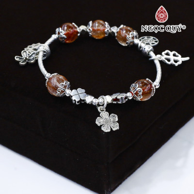 Vòng thạch anh tóc đỏ phối charm bạc mệnh hỏa, thổ - Ngọc Quý Gemstones