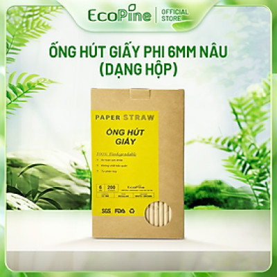 Hộp 200 ống hút giấy phi 6mm màu nâu kraft ECOPINE - Dùng cho cafe, nước ngọt, nước ép