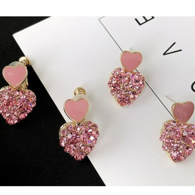 Bông tai trái tim hồng đính đá S925