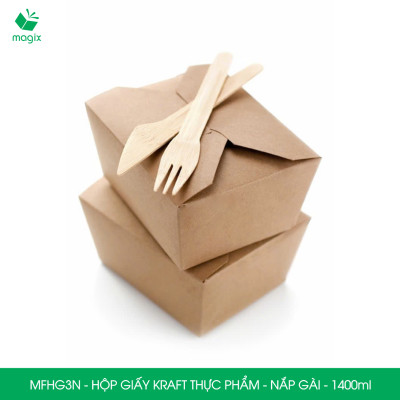 MFHG3N - 25 hộp giấy kraft thực phẩm 1400ml, hộp giấy nắp gập màu nâu đựng thức ăn, hộp giấy nắp gài gói đồ ăn mang đi 