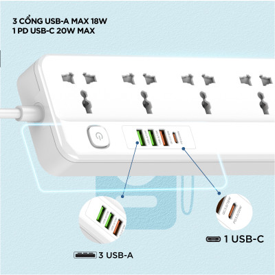 Ổ điện đa năng 5AC kèm 3USB-A và 1USB-C sạc nhanh PD (max 20W) - White - Chịu tải tối đa 2500W - Hàng chính hãng