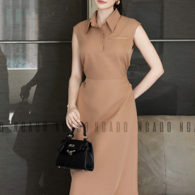 Đầm nâu cổ sơ mi NGADO , đầm công sở , đầm dự tiệc