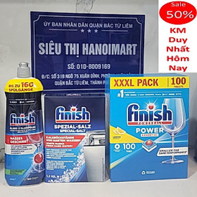 Combo: Viên rửa bát Finish Classic 100 viên+ muối finish 1,2kg + bóng 1150ml