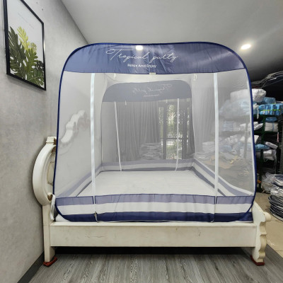 Màn Chụp , Mùng Chụp Cao Cấp Mộc Miên Đỉnh Vuông - Kích Thước 2,2mx2m ( Xanh Xám 3 Đường Kẻ )