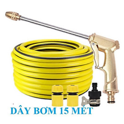 Bộ dây vòi xịt nước rửa xe, tưới cây . tăng áp 3 lần, loại 15m 206701-3 đầu đồng, cút,+ tặng mở chai