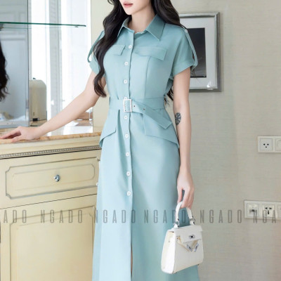 Đầm sơ mi xanh mint NGADO , đầm công sở , đầm dự tiệc