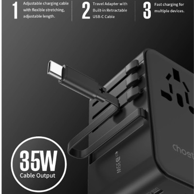 Củ sạc Choetech PD5020 du lịch đa năng tích hợp thêm dây cáp sạc Type C  (35W)/ PD5021 (45W)/ PD5022 (70W)- Hàng chính hãng