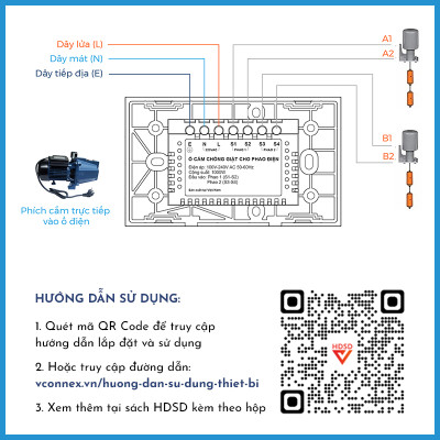 Ổ cắm chống giật cho phao điện, bồn, bể ngầm Vconnex. Nút bấm cảm ứng bật tắt an toàn.