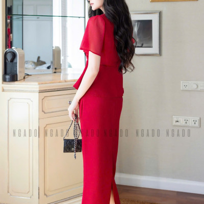 Set áo váy đỏ cổ tim NGADO , Set đồ nữ , Set áo váy thiết kế
