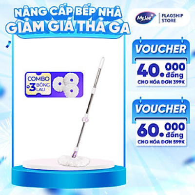 Combo 3 Bông Lau + 1 Cây Lau Nhà Đơn MyJae Sợi Microfiber Xoay 360 Độ Phù Hợp Cho Nhiều Loại Thùng Lau 134cm