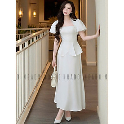 Set áo váy trắng tay phồng NGADO , set áo váy dài , set áo váy công sở , dự tiệc