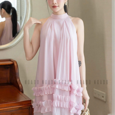 Đầm yếm hồng phối bèo NGADO , đầm dáng yếm , đầm suông