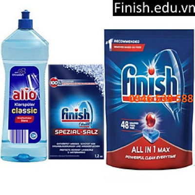 Combo viên rửa chén finish 48 viên + muối Somat 1.2kg + Nước làm bóng alio 1 lít dùng cho máy rửa bát