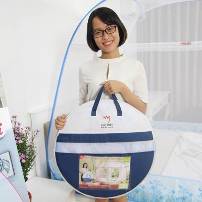 Màn Chụp Cao Cấp Mộc Miên Đỉnh Vuông - Xanh Xám 3 Đường Kẻ ( video , hình thật )