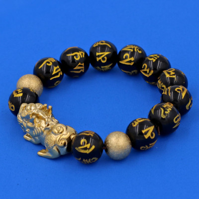 Vòng chuỗi đeo tay đá thạch anh đen khắc lục tự chân ngôn mạ vàng 14 ly ( size lớn ) charm tỳ hưu và bi inox vàng, vòng tay chuỗi hạt