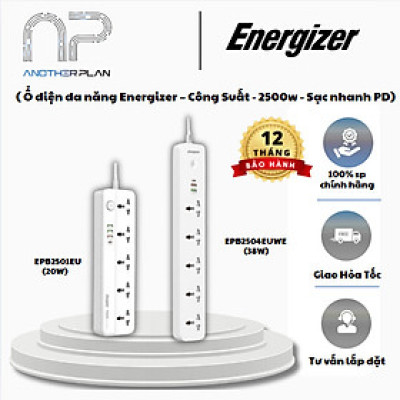 [ Chính Chính Hãng ] Ổ điện đa năng Energizer 5AC kèm 3USB-A và 1USB-C sạc nhanh PD 20W 38W, tải 2500W - BH 12 tháng