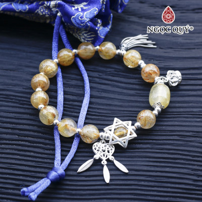 Vòng thạch anh tóc vàng phối lu thống charm bạc hạt 9mm mệnh thủy, kim - Ngọc Quý Gemstones