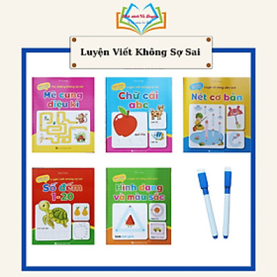 Sách Bộ vở luyện viết không sợ sai Wipe clean xóa được (5 cuốn), tặng kèm 2 bút lông xóa được