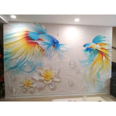 Tranh dán tường đôi cá chép - tranh dán phòng khách - phòng ngủ - hành lang - tranh phong thủy 