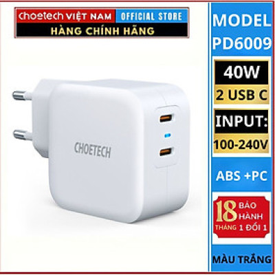 Củ sạc Choetech PD6009 nhanh 2 cổng Type C 40w (Hàng Chính Hãng)