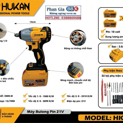 Máy siết bulong Hukan X2 Pro 21V Không chổi than tặng bộ mũi khoan