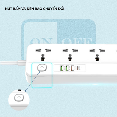 Ổ điện đa năng 5AC kèm 3USB-A và 1USB-C sạc nhanh PD (max 20W) - White - Chịu tải tối đa 2500W - Hàng chính hãng