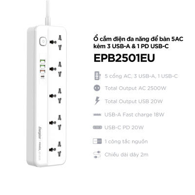 Ổ điện đa năng 5AC kèm 3USB-A và 1USB-C sạc nhanh PD (max 20W) - White - Chịu tải tối đa 2500W - Hàng chính hãng