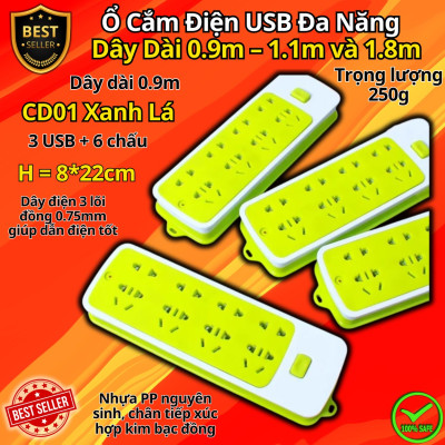 Ổ Cắm Điện USB Đa Năng Cao Cấp Chống Giật Dây Dài 0.9m – 1.1m và 1.8m, Ổ Cắm Điện Công Suất 2500W Có Chốt An Toàn Tiện Lợi, Chính Hãng