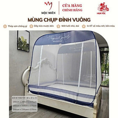 Màn Chụp , Mùng Chụp Cao Cấp Mộc Miên Đỉnh Vuông - Kích Thước 2,2mx2m ( Xanh Xám 3 Đường Kẻ )