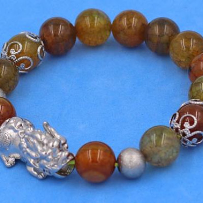 Vòng chuỗi đeo tay Đá Vân Rồng Nâu Vàng size 10 ly mix Tỳ Hưu inox VVRTHVHKHB10