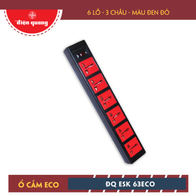 Ổ Cắm 6 Lỗ 3 Chấu Dây 2 Mét Điện Quang ĐQ ESK 2BR 63ECO - Đen Đỏ