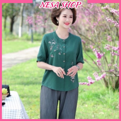 Áo sơ mi nữ trung niên cao cấp cổ tròn tay lỡ tặng mẹ chất liệu Linen thun form rộng bigsize NeSa Shop, SMH.62