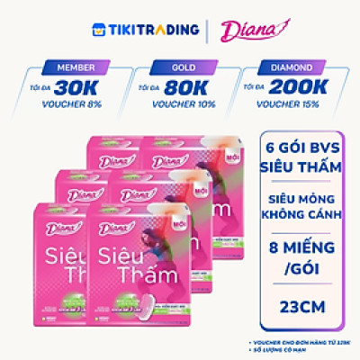 Combo 6 Băng Vệ Sinh Diana Siêu Thấm Siêu Mỏng Không Cánh (Gói 8 Miếng)