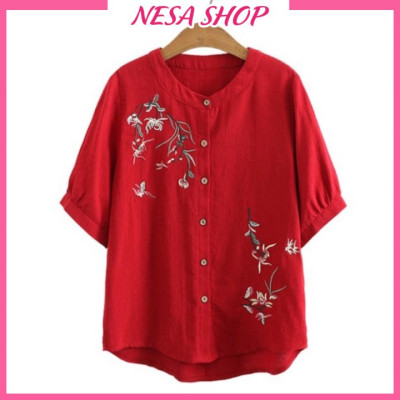 Áo sơ mi nữ trung niên cao cấp cổ tròn tay lỡ tặng mẹ chất liệu Linen thun form rộng bigsize NeSa Shop, SMH.62