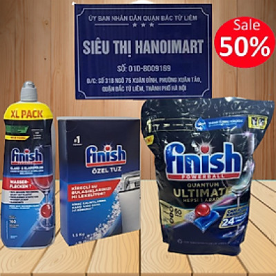 Combo Viên rửa bát Finish Hữu cơ 70 tabs + Muối Finish 1.5kg + Nước bóng finish 1150ml