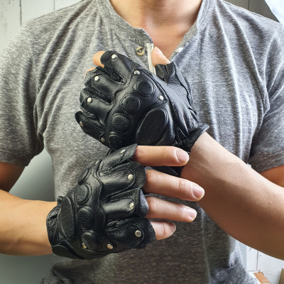 [Da thật] Găng tay phượt da dê hở ngón GL104 (Đen) - 100% da thật