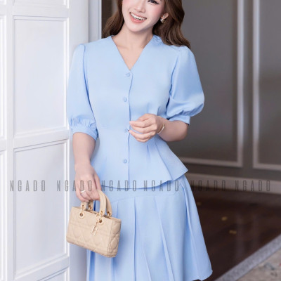 Set áo váy xanh biển tay lửng NGADO , set áo váy kiểu , set áo váy Nữ