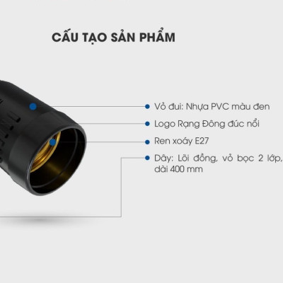 Đui Đèn Chống Nước ngoài trời chính hãng Rạng Đông đui xoáy E27 dây dài 40cm