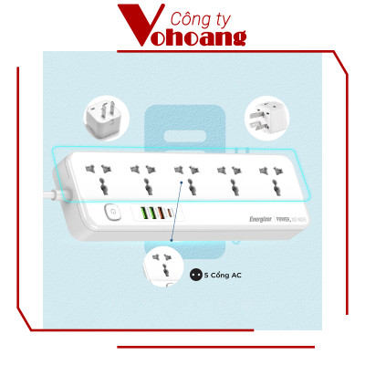 [Mỹ] Ổ cắm điện Energizer đa năng 5AC kèm 3USB-A và 1USB-C sạc nhanh PD (max PD 20W) - Energizer EPB2501EU
