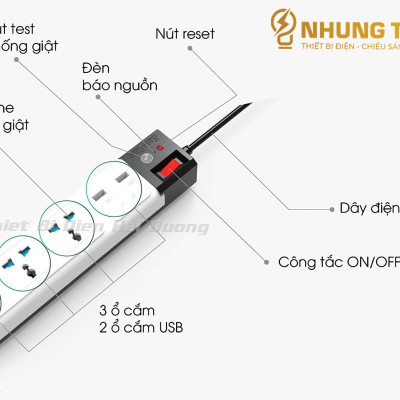 Ổ Cắm Điện Đa Năng Rạng Đông 2 Cổng USB, Sạc Nhanh 5V-2A, Ổ Điện Chịu Tải 2500W, Tích Hợp Rơ Le Tự Ngắt, Dây Dài 3M/5M - CÓ VIDEO