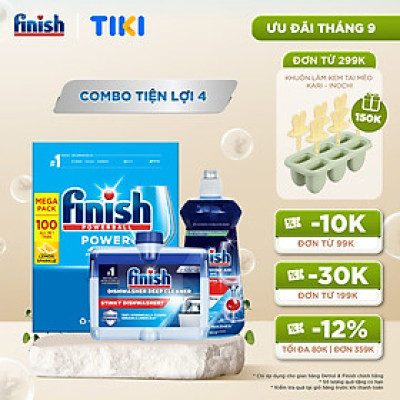 Combo Finish tiện lợi 4: Hộp 100 Viên Rửa Bát Essential + Nước Làm Bóng Finish 500ml + Dung dịch vệ sinh máy