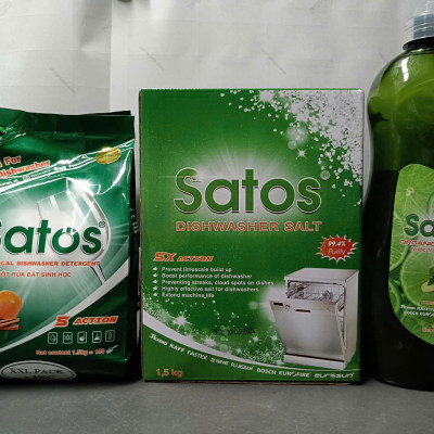 COMBO Bột rửa bát sinh học Satos+Muối 1.5kg+Bóng 800ml Hữu cơ - Dùng Cho Máy Rửa Bát