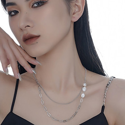 Dây chuyền vòng cổ titan hợp kim phối bất đối xứng hạt châu cá tính unisex nam và nữ