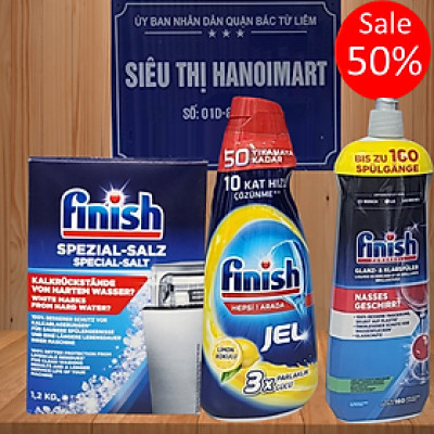Combo rửa chén Finish : Nước làm bóng chai 750ml, Gel classic can 1,5 lít, Muối hộp 1,5kg - Chính hãng.