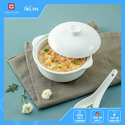 Bát có nắp hai tai sứ trắng Long Phương